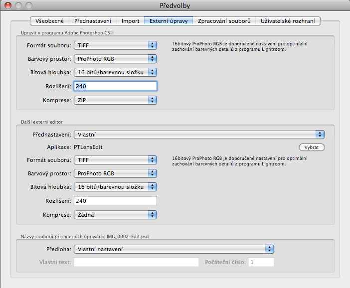 Nastaveni externiho editoru v předvolbách Lightroom