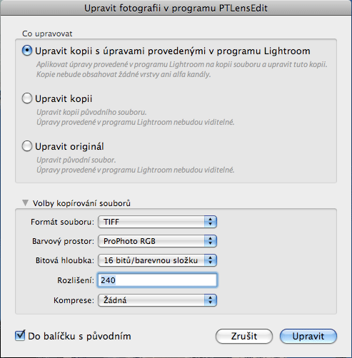 Nastaveni parametrů komunikace mezi externim editorem a Lightroom