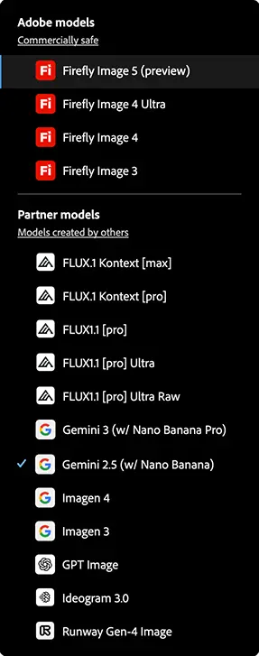 Firefly seznam generativních modelů 12 2025